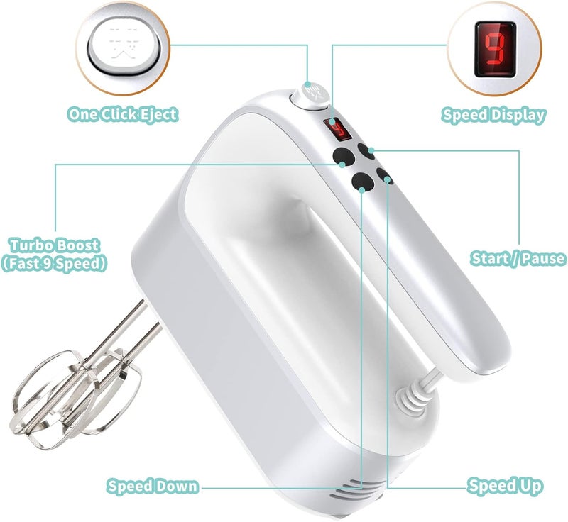 Yomelo 9-Speed Digital Hand Mixer Electric, 400W Powerful DC Motor, Hand Mixer Electric Handheld with Snap-On Storage Case, 5 Stainless Steel Accessories, Beaters, Dough Hooks, Whisk(Silvery White) - Image 2